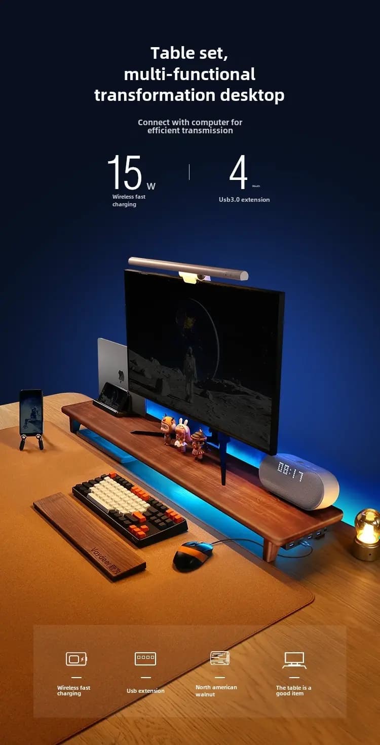 ជើងទម្រ Monitor ឈើមានជាមួយនឹងរន្ធ USB 